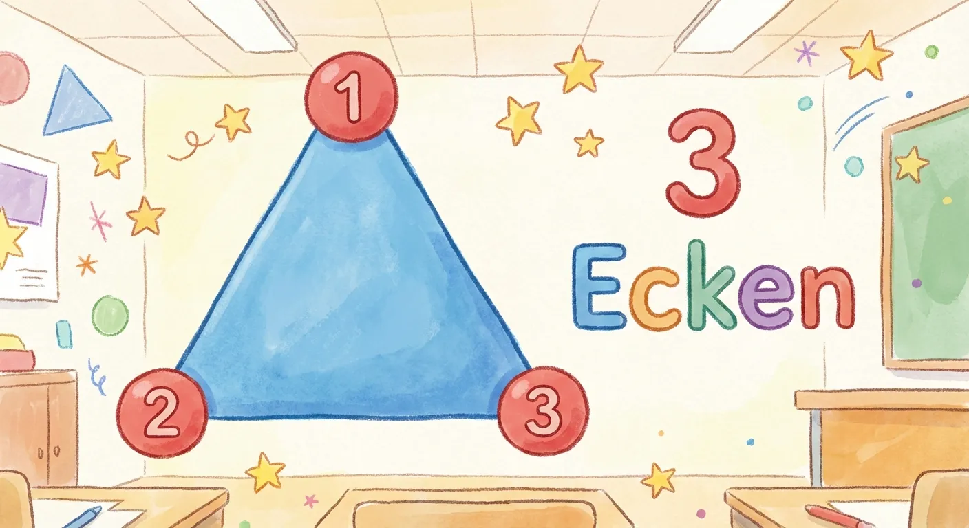 Zeige ein großes blaues Dreieck mit nummerierten Ecken.

**Aufbau:**
- Ein großes blaues Dreieck in der Mitte
- An jeder Ecke ein kleiner roter Kreis mit einer Zahl: 1, 2, 3
- Neben dem Dreieck steht: „3 Ecken“

**Gestaltung:**
- Großes, klar erkennbares Dreieck
- Die drei Ecken deutlich markiert mit roten Kreisen
- Große, lesbare Zahlen
- Kinderfreundlicher Stil für 2. Klasse