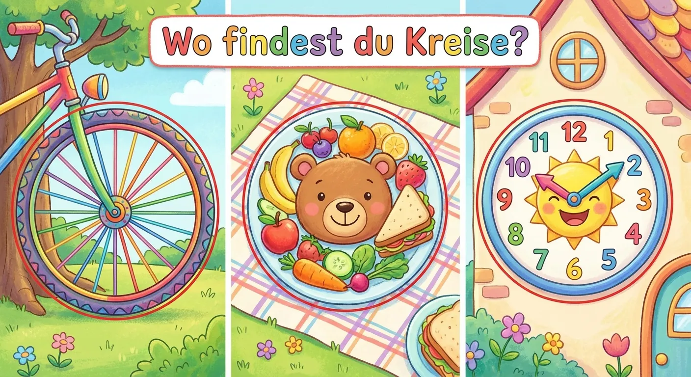 Zeige drei Alltagsgegenstände, die kreisförmig sind.

**Aufbau:**
- Links: Ein buntes Fahrradrad
- Mitte: Ein runder Teller
- Rechts: Eine runde Uhr

**Überschrift:** „Wo findest du Kreise?“

**Gestaltung:**
- Bunte, fröhliche Darstellung
- Die Kreisform bei jedem Gegenstand durch eine dünne rote Linie hervorgehoben
- Kinderfreundlicher Illustrationsstil
- Große, klare Bilder