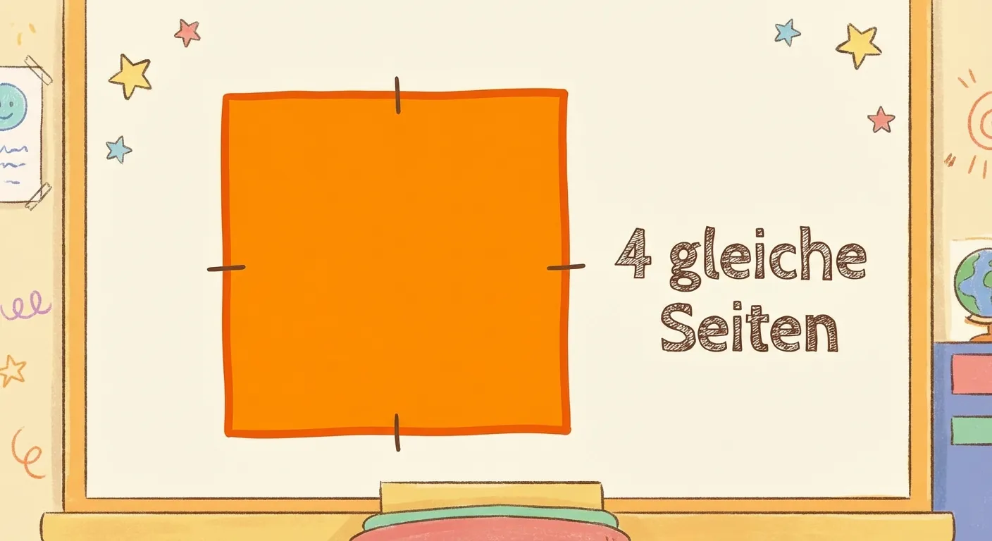 Zeige ein großes oranges Quadrat mit markierten Seiten.

**Aufbau:**
- Ein großes oranges Quadrat in der Mitte
- Jede Seite ist mit einem kleinen Strich in der Mitte markiert (zeigt: alle gleich lang)
- Neben dem Quadrat steht: „4 gleiche Seiten“

**Gestaltung:**
- Großes, klar erkennbares Quadrat
- Die vier Seiten deutlich sichtbar
- Gleichheitsmarkierungen (kleine Striche) an jeder Seite
- Kinderfreundlicher Stil für 2. Klasse