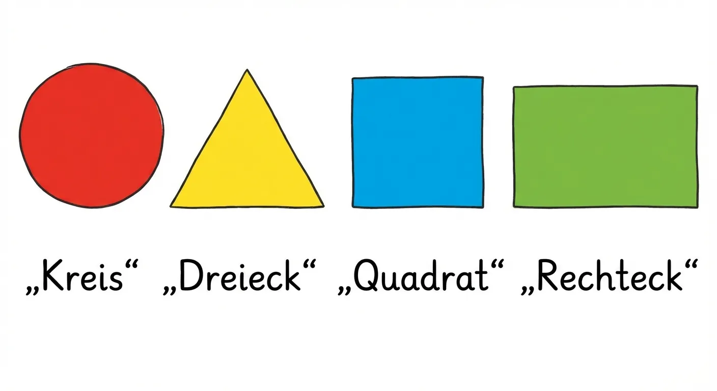 Zeige die vier Grundformen nebeneinander in einer Reihe.

**Aufbau von links nach rechts:**
- Ein roter Kreis
- Ein gelbes Dreieck
- Ein blaues Quadrat
- Ein grünes Rechteck

**Unter jeder Form steht der Name:**
- Unter dem Kreis: „Kreis“
- Unter dem Dreieck: „Dreieck“
- Unter dem Quadrat: „Quadrat“
- Unter dem Rechteck: „Rechteck“

**Gestaltung:**
- Große, klar erkennbare Formen
- Helle, freundliche Farben
- Große, klar lesbare Beschriftungen
- Weißer Hintergrund
- Kinderfreundlicher Stil für 2. Klasse