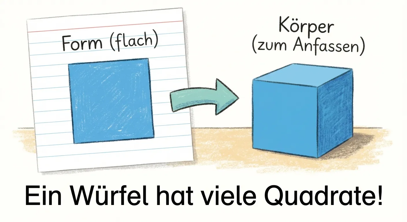 Zeige den Unterschied zwischen einer flachen Form und einem Körper.

**Aufbau:**
- Links: Ein flaches blaues Quadrat auf einem Blatt Papier, darüber steht „Form (flach)“
- Rechts: Ein blauer Würfel (3D), der einen Schatten wirft, darüber steht „Körper (zum Anfassen)“
- Ein Pfeil zeigt vom Quadrat zum Würfel
- Unter dem Bild: „Ein Würfel hat viele Quadrate!“

**Gestaltung:**
- Klarer Vergleich zwischen 2D und 3D
- Das Quadrat ist flach dargestellt
- Der Würfel ist dreidimensional mit Schatten
- Helle, freundliche Farben
- Kinderfreundlicher Stil für 2. Klasse