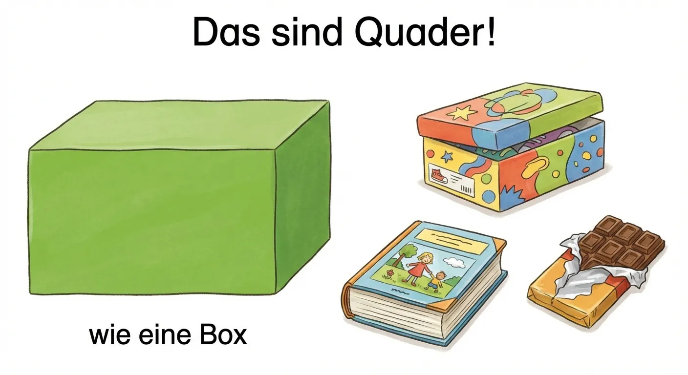 Zeige einen Quader und Gegenstände, die quaderförmig sind.

**Aufbau:**
- Links: Ein großer grüner Quader (Box-Form)
- Rechts daneben drei Beispiele: ein Schuhkarton, ein Buch, eine Tafel Schokolade
- Überschrift: „Das sind Quader!“
- Unter dem Quader: „wie eine Box“

**Gestaltung:**
- Großer, klar erkennbarer Quader
- Die rechteckigen Seiten sind sichtbar
- Bunte, fröhliche Darstellung der Beispiele
- Kinderfreundlicher Stil für 2. Klasse