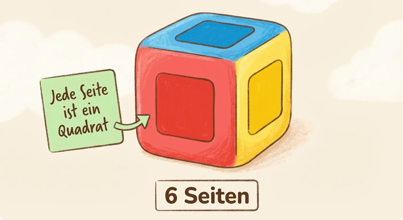 Zeige einen Würfel und erkläre seine Seiten.

**Aufbau:**
- In der Mitte: Ein großer bunter Würfel (wie ein Spielwürfel)
- Drei sichtbare Seiten des Würfels in verschiedenen Farben: rot, blau, gelb
- Daneben ein kleines Quadrat mit Text: „Jede Seite ist ein Quadrat“
- Unter dem Würfel: „6 Seiten“

**Gestaltung:**
- Großer, klar erkennbarer Würfel
- Die Quadrate auf den Seiten sind deutlich sichtbar
- Bunte, freundliche Farben
- Kinderfreundlicher Stil für 2. Klasse