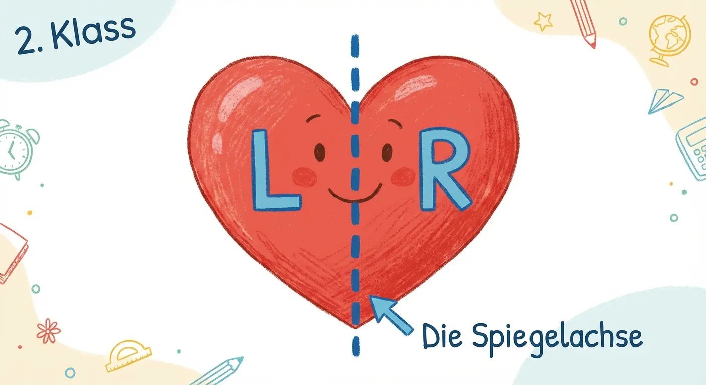 Zeige ein Herz mit einer Spiegelachse in der Mitte.

**Aufbau:**
- Ein großes rotes Herz in der Mitte
- Eine gestrichelte blaue Linie geht senkrecht durch die Mitte des Herzens
- Die linke Hälfte ist mit „L“ beschriftet, die rechte mit „R“
- Unter dem Herz steht: „Die Spiegelachse“
- Ein kleiner Pfeil zeigt auf die Linie

**Gestaltung:**
- Großes, klar erkennbares Herz
- Die Spiegelachse ist deutlich als gestrichelte Linie sichtbar
- Die beiden Hälften sind offensichtlich gleich
- Kinderfreundlicher Stil für 2. Klasse