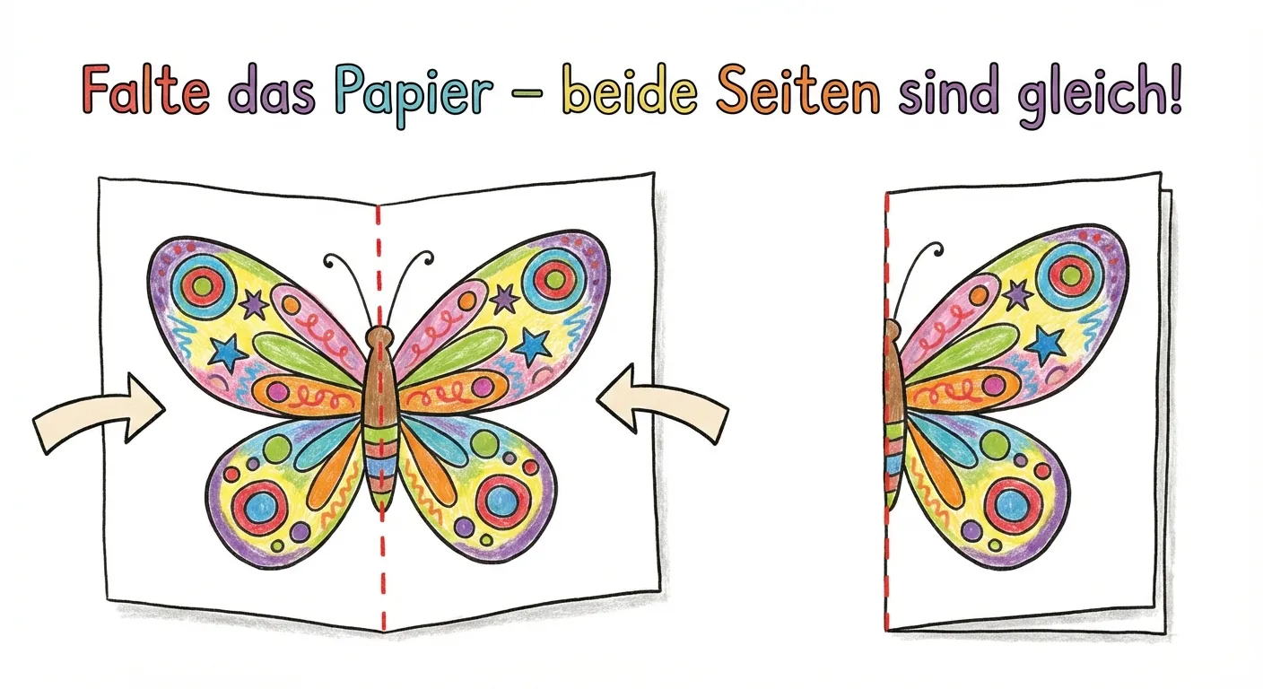 Zeige ein Blatt Papier, das in der Mitte gefaltet wird, mit einem Schmetterling darauf.

**Aufbau:**
- Links: Ein aufgeklapptes Blatt Papier mit einem bunten Schmetterling
- In der Mitte des Schmetterlings: Eine gestrichelte rote Linie (die Faltlinie)
- Rechts: Das Blatt wird gefaltet, beide Hälften passen genau übereinander
- Überschrift: „Falte das Papier – beide Seiten sind gleich!“

**Gestaltung:**
- Bunter Schmetterling mit deutlich symmetrischen Flügeln
- Die Faltlinie ist klar als gestrichelte rote Linie sichtbar
- Pfeile zeigen die Faltbewegung
- Kinderfreundlicher Stil für 2. Klasse