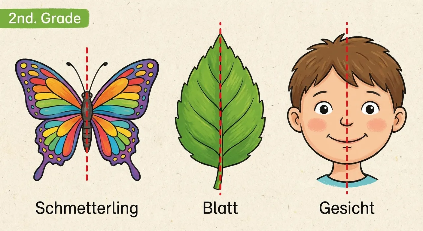 Zeige symmetrische Dinge aus der Natur.

**Aufbau von links nach rechts:**
- Ein Schmetterling mit ausgebreiteten Flügeln (Spiegelachse in der Mitte eingezeichnet)
- Ein Blatt (Spiegelachse durch die Mitte eingezeichnet)
- Ein Gesicht von vorne (Spiegelachse durch Nase eingezeichnet)

**Unter jedem Bild die Beschriftung:**
- „Schmetterling“
- „Blatt“
- „Gesicht“

**Alle haben eine gestrichelte rote Linie als Spiegelachse.**

**Gestaltung:**
- Bunte, natürliche Darstellung
- Spiegelachsen deutlich eingezeichnet
- Kinderfreundlicher Stil für 2. Klasse