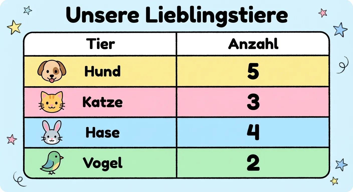 Erstelle eine kindgerechte, bunte Tabelle.

**Aufbau der Tabelle:**
- Überschrift: „Unsere Lieblingstiere“
- 2 Spalten: „Tier“ und „Anzahl“
- 4 Zeilen mit Daten:
  - Hund (kleines Hund-Symbol) | 5
  - Katze (kleines Katze-Symbol) | 3
  - Hase (kleines Hasen-Symbol) | 4
  - Vogel (kleines Vogel-Symbol) | 2

Jede Zeile hat eine andere helle Pastellfarbe.
Große, klar lesbare Zahlen.
Niedliche, einfache Tier-Symbole neben den Namen.
Kinderfreundlicher Stil für 2. Klasse.