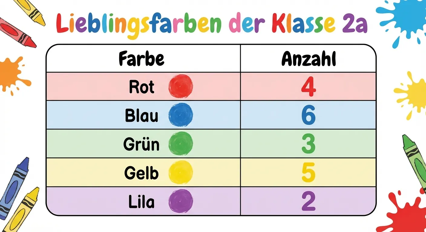 Erstelle eine farbenfrohe Tabelle.

**Aufbau:**
- Überschrift: „Lieblingsfarben der Klasse 2a“
- 2 Spalten: „Farbe“ und „Anzahl“
- 5 Zeilen:
  - Rot (roter Kreis) | 4
  - Blau (blauer Kreis) | 6
  - Grün (grüner Kreis) | 3
  - Gelb (gelber Kreis) | 5
  - Lila (lila Kreis) | 2

Jede Farbzeile hat einen kleinen farbigen Kreis neben dem Namen.
Große, deutliche Zahlen.
Weißer Hintergrund mit bunten Akzenten.
Freundlicher, klarer Stil für Grundschüler.