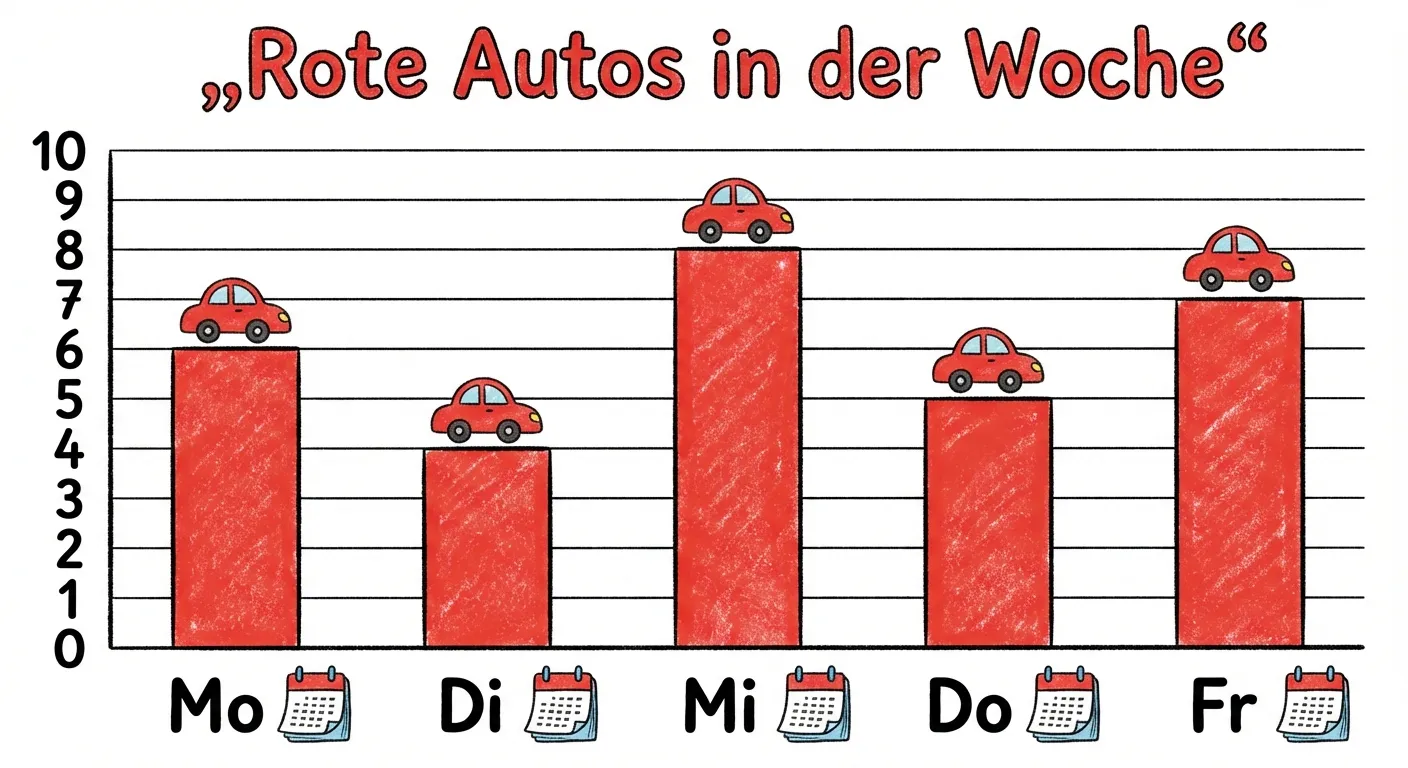 Erstelle ein Säulendiagramm zum Thema Autos.

**Aufbau:**
- Überschrift: „Rote Autos in der Woche“
- Waagerechte Achse: Mo, Di, Mi, Do, Fr (mit kleinen Kalender-Symbolen)
- Senkrechte Achse: Zahlen 0 bis 10
- 5 rote Säulen:
  - Montag: Höhe 6
  - Dienstag: Höhe 4
  - Mittwoch: Höhe 8
  - Donnerstag: Höhe 5
  - Freitag: Höhe 7

Kleine rote Auto-Symbole über jeder Säule.
Klare Gitterlinien.
Kinderfreundlicher, bunter Stil.
Große, lesbare Zahlen und Beschriftungen.