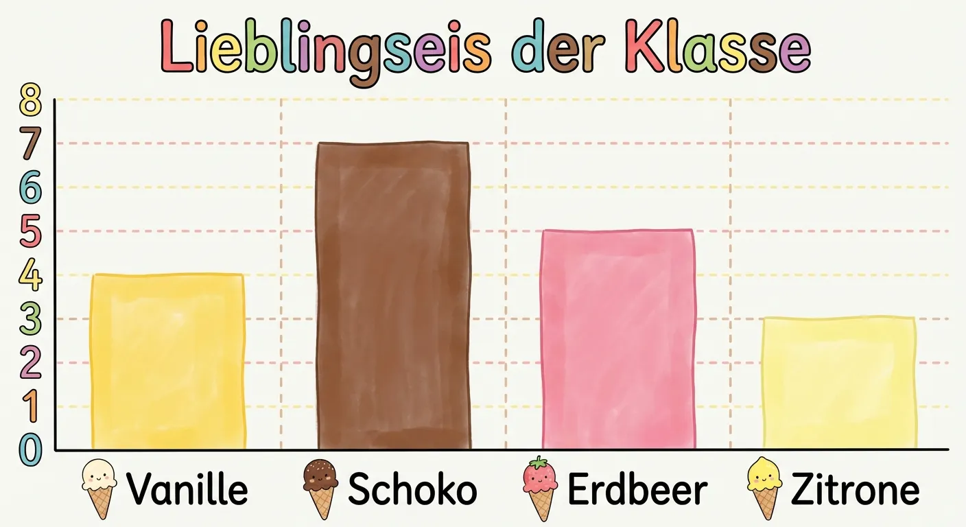 Erstelle ein einfaches, kindgerechtes Säulendiagramm.

**Aufbau:**
- Überschrift: „Lieblingseis der Klasse“
- Waagerechte Achse (unten): 4 Eissorten mit kleinen Eis-Symbolen
  - Vanille, Schoko, Erdbeer, Zitrone
- Senkrechte Achse (links): Zahlen 0 bis 8
- 4 bunte Säulen:
  - Vanille: gelbe Säule, Höhe 4
  - Schoko: braune Säule, Höhe 7
  - Erdbeer: rosa Säule, Höhe 5
  - Zitrone: hellgelbe Säule, Höhe 3

Die Säulen sind breit und klar voneinander getrennt.
Große, lesbare Beschriftungen.
Heller Hintergrund mit Gitterlinien bei jeder Zahl.
Fröhlicher, bunter Stil für 2. Klasse.