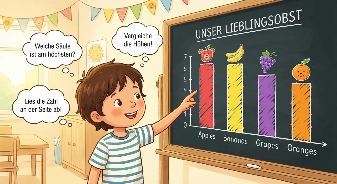 Zeige ein Kind, das mit dem Finger auf ein Säulendiagramm zeigt.

**Elemente:**
- Ein einfaches Säulendiagramm an einer Tafel
- Ein Kind (ca. 7-8 Jahre) zeigt mit dem Finger auf eine Säule
- 3 Tipp-Blasen neben dem Kind:
  - „Welche Säule ist am höchsten?“
  - „Lies die Zahl an der Seite ab!“
  - „Vergleiche die Höhen!“

Fröhlicher, ermutigender Stil.
Helle Farben, klare Darstellung.