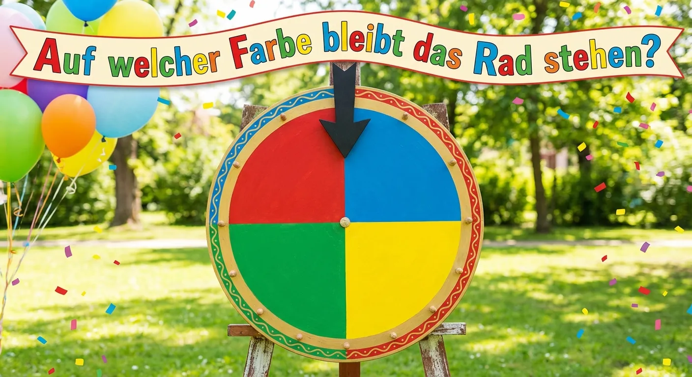 Zeige ein buntes Glücksrad.

**Aufbau:**
- Rundes Rad mit 4 gleich großen Feldern
- Farben: Rot, Blau, Gelb, Grün (im Uhrzeigersinn)
- Ein Zeiger/Pfeil oben
- Überschrift: „Auf welcher Farbe bleibt das Rad stehen?“

Große, klare Farbfelder.
Deutlicher schwarzer Pfeil als Zeiger.
Fröhlicher, spielerischer Stil.