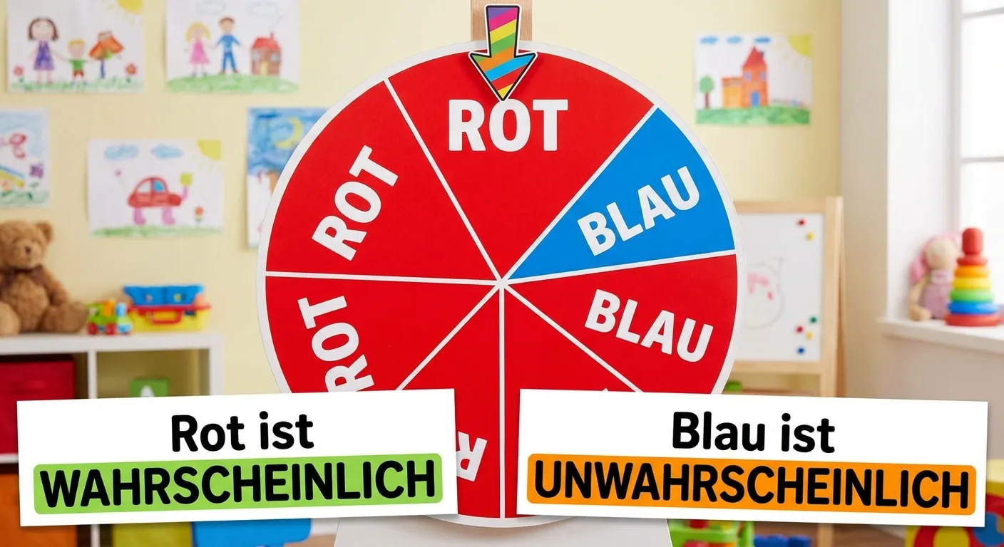 Zeige ein Glücksrad mit ungleichen Feldern.

**Aufbau:**
- Rundes Rad mit 8 Feldern
- 6 Felder sind ROT (3/4 des Rades)
- 2 Felder sind BLAU (1/4 des Rades)
- Ein Zeiger/Pfeil oben
- Unter dem Rad zwei Texte:
  - „Rot ist WAHRSCHEINLICH“ (grün markiert)
  - „Blau ist UNWAHRSCHEINLICH“ (orange markiert)

Klare Unterscheidung der Feldgrößen.
Große, lesbare Beschriftungen.
Kinderfreundlicher Stil.