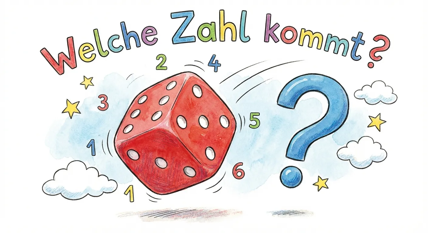 Zeige einen bunten Würfel, der gerade geworfen wird.

**Elemente:**
- Ein großer, roter Würfel in der Luft (leicht schräg)
- Ein großes blaues Fragezeichen neben dem Würfel
- Text darüber: „Welche Zahl kommt?“
- Kleine Zahlen 1, 2, 3, 4, 5, 6 im Kreis um den Würfel

Dynamische, spielerische Darstellung.
Helle, fröhliche Farben.
Kinderfreundlicher Cartoon-Stil für 2. Klasse.