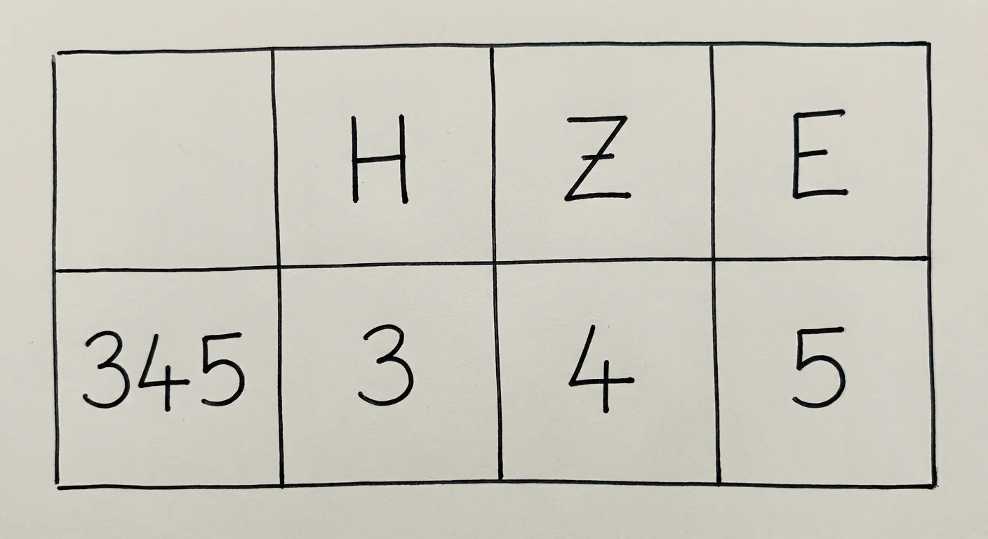 Erstelle ein fotorealistisches Bild einer handgezeichneten Rechentabelle auf weißem Papier. Das Bild ist eng auf das Rechengitter zugeschnitten - es sind nur das Gitter und die Zahlen zu sehen, keine Papierränder, keine Tischoberfläche, keine Umgebung. Der Hintergrund ist ein einfaches, helles Grau. Das Gitter füllt den Bildausschnitt. Die Handschrift ist gleichmäßig und ordentlich (wie von einem Erwachsenen geschrieben), mit schwarzer Tinte aus einem Kugelschreiber. Die Linien sind gerade, aber leicht unvollkommen und handgezeichnet (nicht mit Lineal).

Das Bild zeigt ein 2x4 Gitter (2 Zeilen, 4 Spalten). Zeile 1 (Kopfzeile): Die linke Zelle ist leer. Daneben stehen die handgeschriebenen schwarzen Buchstaben 