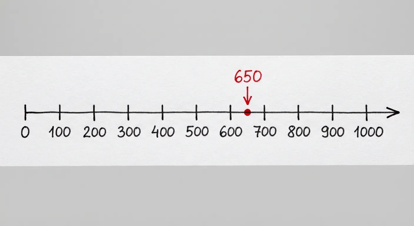 Erstelle ein fotorealistisches Bild einer handgezeichneten horizontalen Zahlenlinie auf weißem Papier. Das Bild ist eng auf den Zahlenstrahl zugeschnitten - es sind nur die Linie und die Zahlen zu sehen, keine Papierränder, keine Tischoberfläche, keine Umgebung. Der Hintergrund ist ein einfaches, helles Grau. Die Handschrift ist gleichmäßig und ordentlich (wie von einem Erwachsenen geschrieben), mit schwarzer Tinte aus einem Kugelschreiber. Die Linien sind gerade, aber leicht unvollkommen und handgezeichnet (nicht mit Lineal).

Das Bild zeigt einen horizontalen Zahlenstrahl. Eine lange horizontale Linie mit einem Pfeil am rechten Ende. Elf vertikale Striche markieren die Hunderter-Positionen. Unter jedem Strich steht eine Zahl: 0, 100, 200, 300, 400, 500, 600, 700, 800, 900, 1000. Ein roter Punkt markiert die Position 650 zwischen 600 und 700 (genau in der Mitte). Ein roter Pfeil zeigt von oben auf diesen Punkt. Darüber steht in roter Schrift 