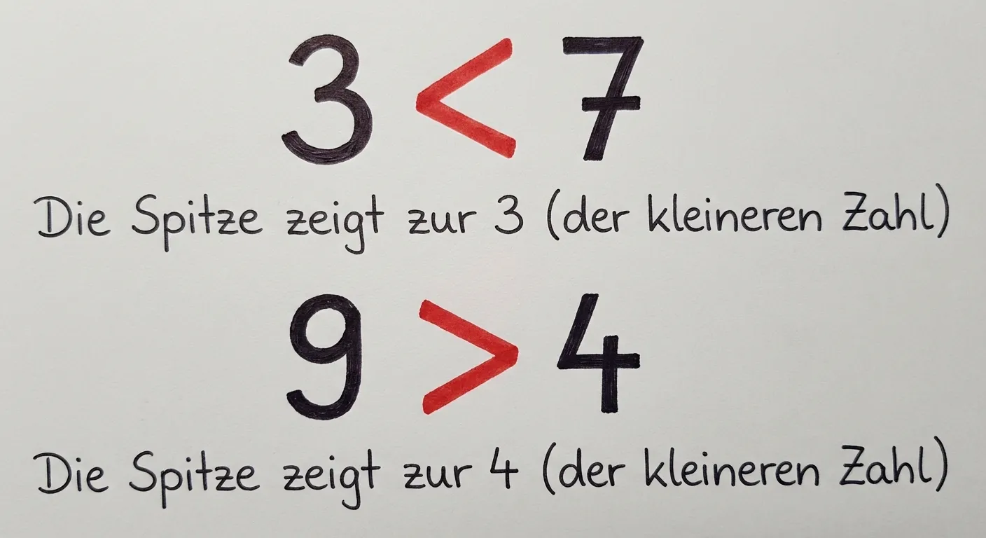 Erstelle ein fotorealistisches Bild einer handgezeichneten Erklärung auf weißem Papier. Das Bild ist eng auf die Zeichnung zugeschnitten - es sind nur die Zeichnung und die Zahlen zu sehen, keine Papierränder, keine Tischoberfläche, keine Umgebung. Der Hintergrund ist ein einfaches, helles Grau. Die Handschrift ist gleichmäßig und ordentlich (wie von einem Erwachsenen geschrieben), mit schwarzer Tinte aus einem Kugelschreiber.

Das Bild zeigt zwei Beispiele untereinander:

Oben: Die Zahl 