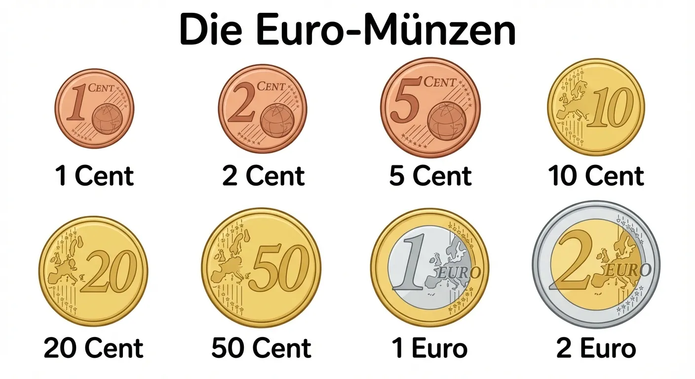 Erstelle ein übersichtliches Diagramm aller 8 Euro-Münzen.

**Aufbau:**
- Zwei Reihen mit je 4 Münzen
- Obere Reihe: 1 Cent, 2 Cent, 5 Cent, 10 Cent
- Untere Reihe: 20 Cent, 50 Cent, 1 Euro, 2 Euro
- Unter jeder Münze steht der Wert in großer, klarer Schrift

**Gestaltung:**
- Münzen als einfache Kreise dargestellt
- Cent-Münzen in Kupfer-/Bronzetönen (1, 2, 5 ct)
- Goldene Münzen (10, 20, 50 ct)
- Silber-goldene Münzen (1 €, 2 €)
- Weißer Hintergrund
- Überschrift: „Die Euro-Münzen“
- Kinderfreundlicher, klarer Illustrationsstil für 3. Klasse