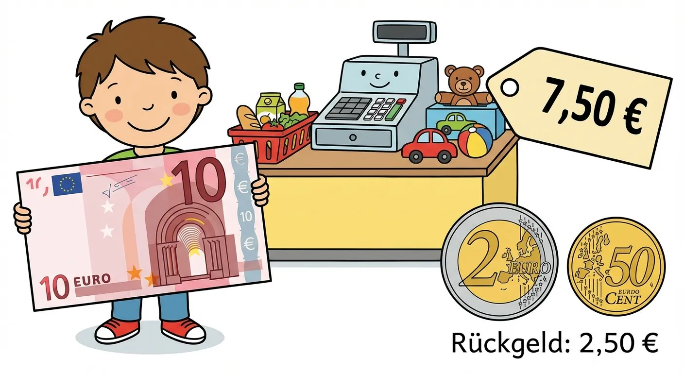 Erstelle eine kindgerechte Illustration einer Einkaufsszene.

**Aufbau:**
- Links: Ein Kind hält einen 10-Euro-Schein in der Hand
- Mitte: Eine Kasse oder ein Kassentisch
- Rechts: Ein Preisschild zeigt „7,50 €“
- Unten: Darstellung des Rückgelds (Münzen die 2,50 € zeigen)

**Gestaltung:**
- Fröhliche, bunte Farben
- Klare, große Zahlen auf dem Schein und Preisschild
- Einfacher Cartoon-Stil für 3. Klasse
- Der 10-Euro-Schein ist als vereinfachter Schein mit großer „10“ erkennbar
- Das Rückgeld zeigt eine 2-Euro-Münze und eine 50-Cent-Münze
- Weißer oder heller Hintergrund
- Text: „Rückgeld: 2,50 €“ unter den Münzen