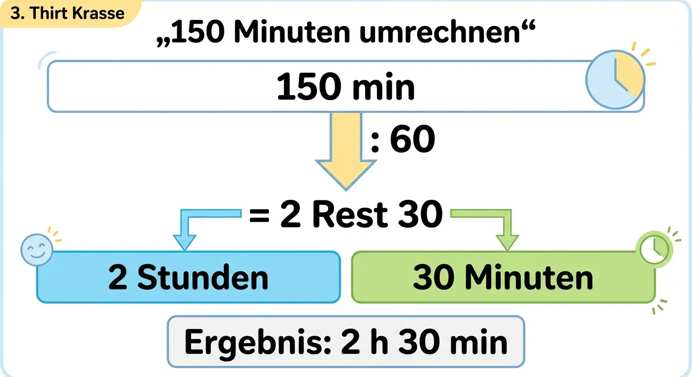 Erstelle ein übersichtliches Diagramm zur Umrechnung von 150 Minuten.

**Aufbau von oben nach unten:**
- Überschrift: „150 Minuten umrechnen“
- Zeile 1: „150 min“
- Pfeil nach unten mit „: 60“
- Zeile 2: „= 2 Rest 30“
- Zwei Kästen nebeneinander:
  - Linker Kasten (blau): „2 Stunden“
  - Rechter Kasten (grün): „30 Minuten“
- Unten: „Ergebnis: 2 h 30 min“

**Gestaltung:**
- Große, klar lesbare Zahlen
- Helle, freundliche Farben (Blau, Grün)
- Pfeile zeigen den Rechenweg
- Weißer oder heller Hintergrund
- Übersichtlicher, kinderfreundlicher Stil für 3. Klasse