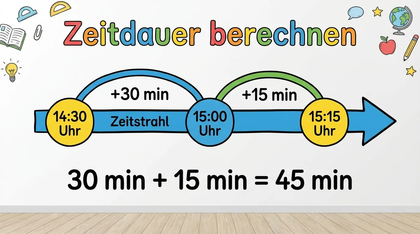 Erstelle einen horizontalen Zeitstrahl zur Berechnung einer Zeitspanne.

**Aufbau:**
- Horizontaler Pfeil von links nach rechts (Zeitstrahl)
- Startpunkt links: „14:30 Uhr“ in einem Kreis
- Endpunkt rechts: „15:15 Uhr“ in einem Kreis
- Zwei Sprünge dazwischen:
  - Erster Bogen: „+30 min“ führt zu „15:00 Uhr“
  - Zweiter Bogen: „+15 min“ führt zu „15:15 Uhr“
- Unten: „30 min + 15 min = 45 min“
- Überschrift: „Zeitdauer berechnen“

**Gestaltung:**
- Klare Beschriftungen in großer Schrift
- Farbige Bögen (blau, grün) für die Schritte
- Weißer oder heller Hintergrund
- Übersichtlicher, kinderfreundlicher Stil für 3. Klasse