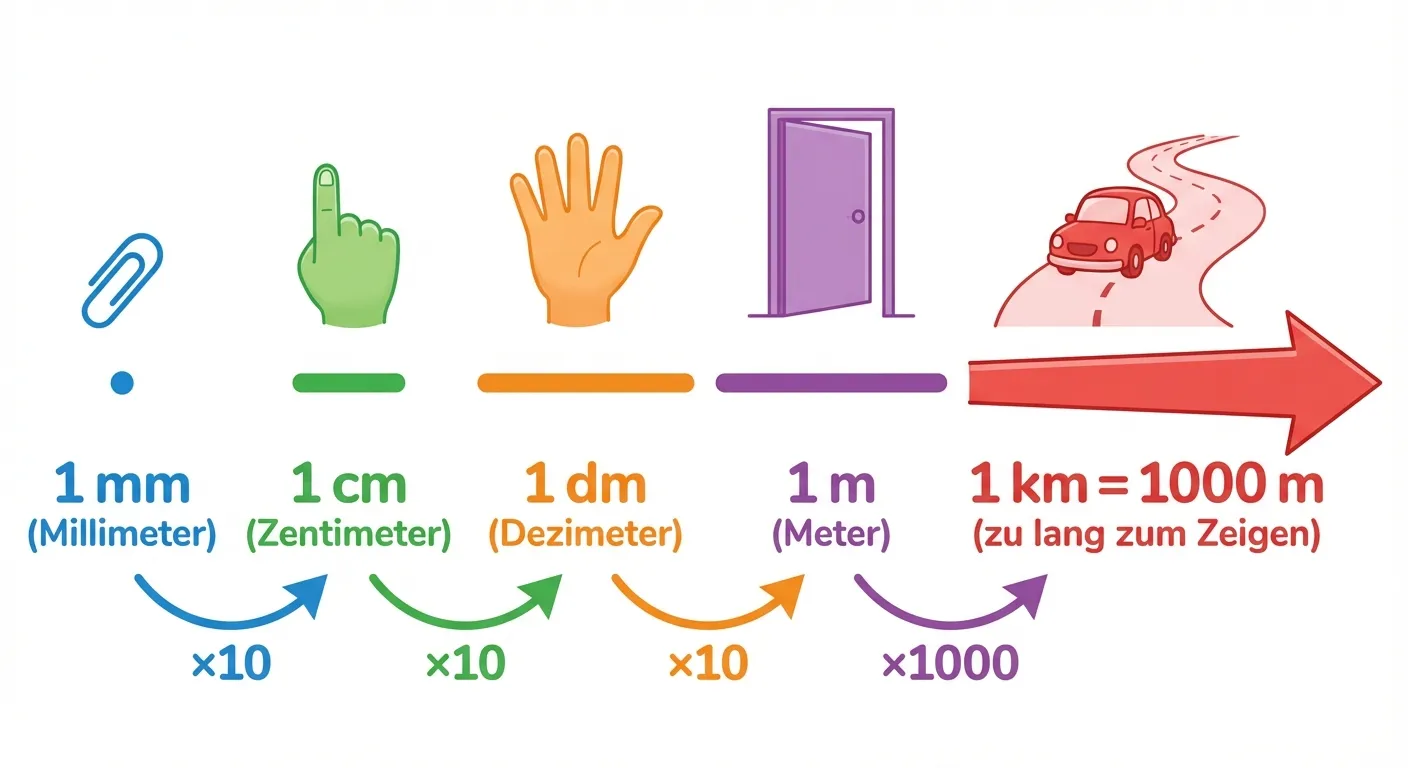 Erstelle ein übersichtliches Diagramm, das die 5 Längeneinheiten im Größenvergleich zeigt.

**Aufbau von links nach rechts:**
- Ganz links: Ein kleiner Punkt mit Beschriftung „1 mm“ (Millimeter)
- Daneben: Ein kurzer Strich (10× so lang wie der Punkt) mit Beschriftung „1 cm“ (Zentimeter)
- Daneben: Ein längerer Strich (10× so lang wie 1 cm) mit Beschriftung „1 dm“ (Dezimeter)
- Daneben: Ein noch längerer Strich (10× so lang wie 1 dm) mit Beschriftung „1 m“ (Meter)
- Ganz rechts: Ein Pfeil nach rechts mit Beschriftung „1 km = 1000 m“ (zu lang zum Zeigen)

**Zusätzliche Elemente:**
- Über jedem Strich ein kleines Bild als Beispiel:
  - Über mm: Eine Büroklammer
  - Über cm: Ein Finger
  - Über dm: Eine Hand
  - Über m: Eine Tür
  - Über km: Ein Auto auf einer Straße

**Gestaltung:**
- Helle, freundliche Farben (Blau, Grün, Orange, Lila, Rot)
- Große, klar lesbare Beschriftungen
- Übersichtlicher, kinderfreundlicher Stil für 3. Klasse
- Weißer Hintergrund