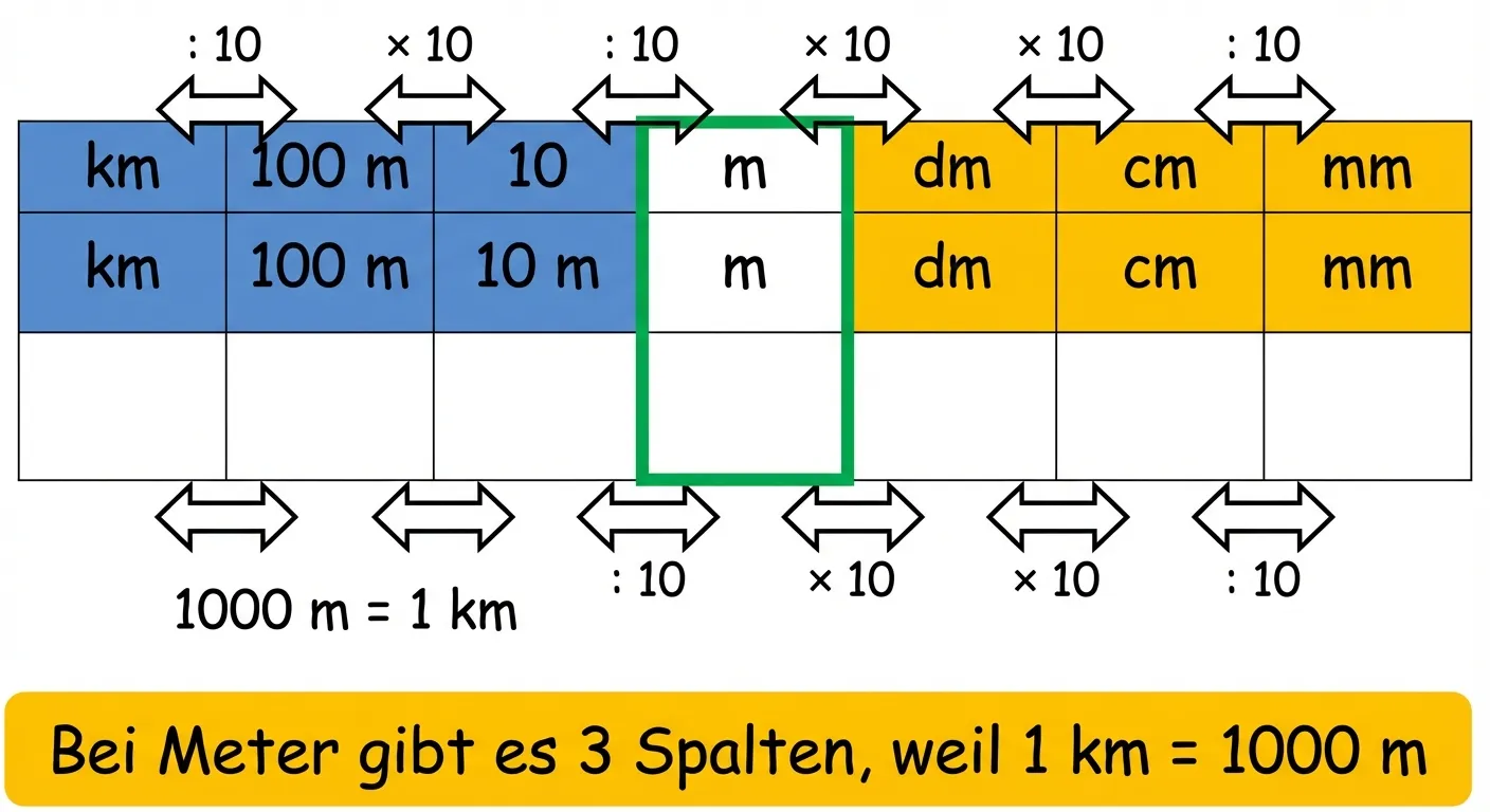 Erstelle ein übersichtliches Bild einer Stellenwerttafel für Längen.

**Aufbau:**
- Eine Tabelle mit 7 Spalten
- Spaltenüberschriften von links nach rechts: „km“, „100 m“, „10 m“, „m“, „dm“, „cm“, „mm“
- Die Spalte „m“ ist mit einem grünen Rahmen hervorgehoben
- Die Spalten „km“, „100 m“, „10 m“ haben einen blauen Hintergrund (große Einheiten)
- Die Spalten „dm“, „cm“, „mm“ haben einen gelben Hintergrund (kleine Einheiten)
- Unter den Überschriften eine leere Zeile für Einträge

**Zusätzliche Elemente:**
- Ein Hinweiskasten unter der Tabelle: „Bei Meter gibt es 3 Spalten, weil 1 km = 1000 m“
- Pfeile zwischen den Spalten: „× 10“ nach rechts, „: 10“ nach links
- Ein besonderer Pfeil zwischen km und 100 m mit „1000 m = 1 km“

**Gestaltung:**
- Große, klar lesbare Schrift
- Saubere Tabellenlinien
- Übersichtlicher, kinderfreundlicher Stil für 3. Klasse
- Weißer Hintergrund