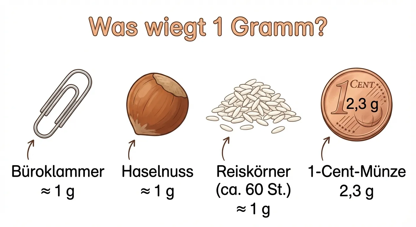 Erstelle eine übersichtliche Illustration mit Gegenständen, die etwa 1 Gramm wiegen.

**Aufbau:**
- 4 Gegenstände in einer Reihe
- Büroklammer, Haselnuss, Reiskörner (ca. 60 Stück), 1-Cent-Münze (mit Beschriftung „2,3 g“)
- Unter jedem Gegenstand steht der Name und das Gewicht

**Gestaltung:**
- Überschrift: „Was wiegt 1 Gramm?“
- Einfache, klare Illustrationen
- Helle, freundliche Farben
- Große, lesbare Beschriftungen
- Kinderfreundlicher Stil für 3. Klasse
- Weißer Hintergrund