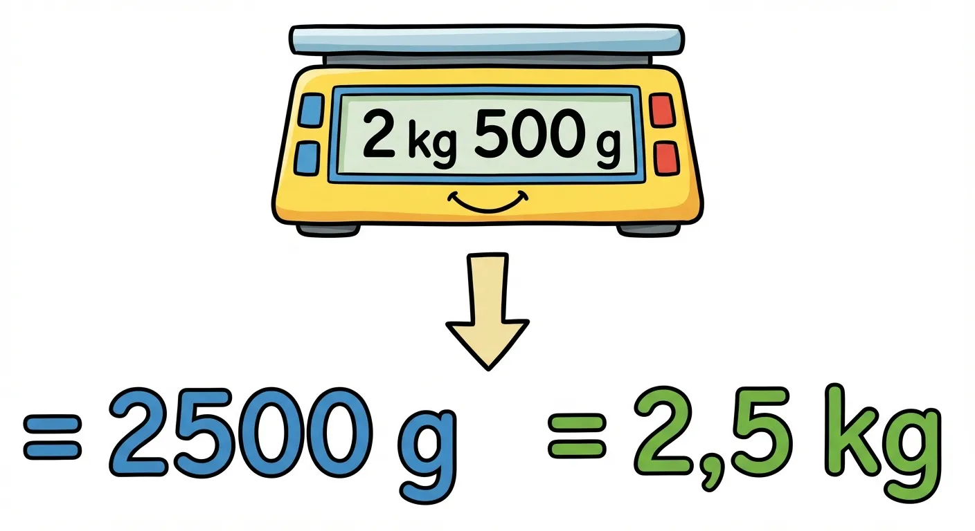 Erstelle eine übersichtliche Darstellung einer gemischten Massenangabe.

**Aufbau:**
- Oben: Eine Waage mit Digitalanzeige „2 kg 500 g“
- Darunter: Pfeil nach unten
- Unten: „= 2500 g“ und „= 2,5 kg“

**Gestaltung:**
- Einfache Küchenwaage als Illustration
- Große, klar lesbare Zahlen
- Zwei farblich unterschiedene Umrechnungen (z.B. Blau für Gramm, Grün für kg mit Komma)
- Kinderfreundlicher Stil für 3. Klasse
- Weißer Hintergrund