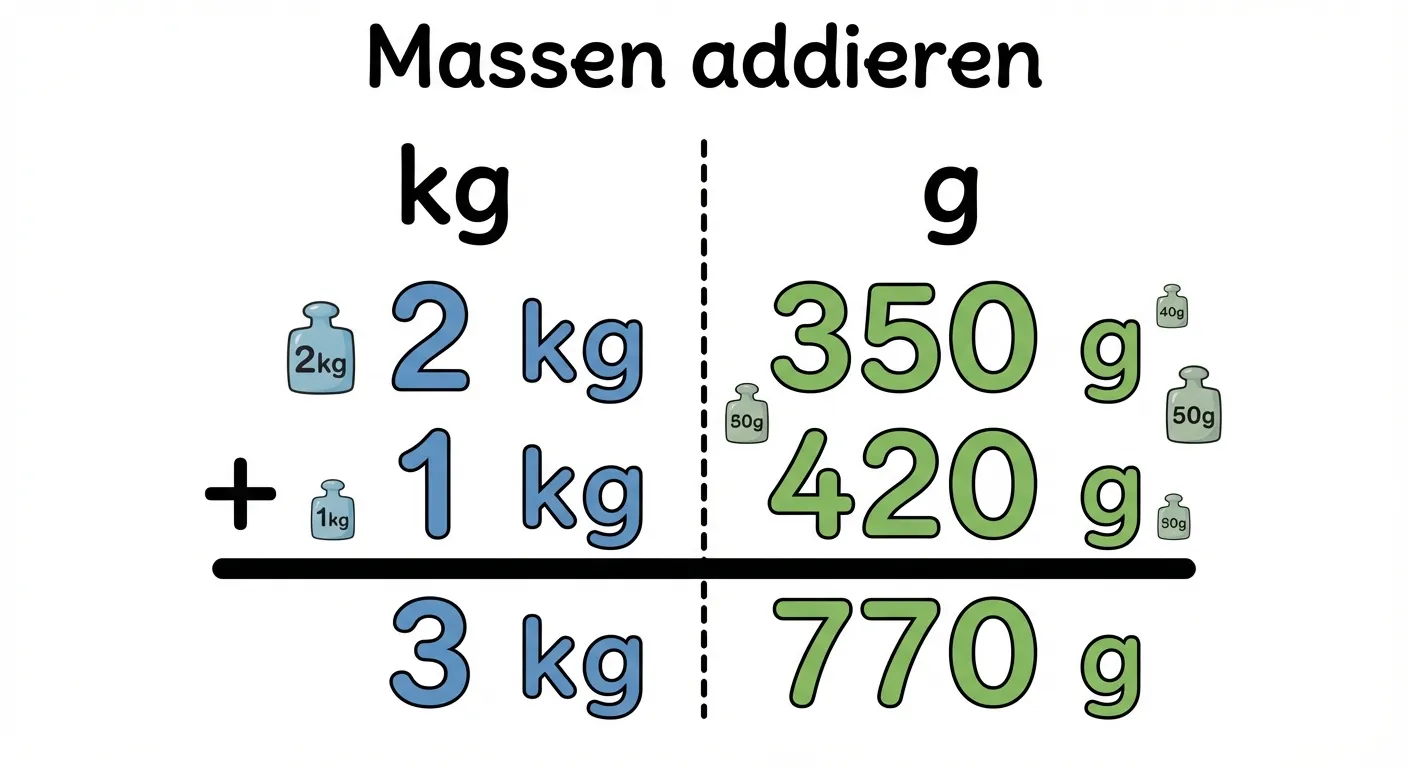 Erstelle ein übersichtliches Diagramm einer schriftlichen Addition von Massen.

**Aufbau:**
- Überschrift: „Massen addieren“
- Aufgabe: 2 kg 350 g + 1 kg 420 g
- Untereinander geschrieben mit Linie darunter
- Ergebnis: 3 kg 770 g
- Die kg und g sind jeweils untereinander ausgerichtet

**Gestaltung:**
- Zwei Spalten deutlich markiert: „kg“ und „g“
- Große, klar lesbare Zahlen
- Kinderfreundlicher, klarer Stil
- Weißer Hintergrund