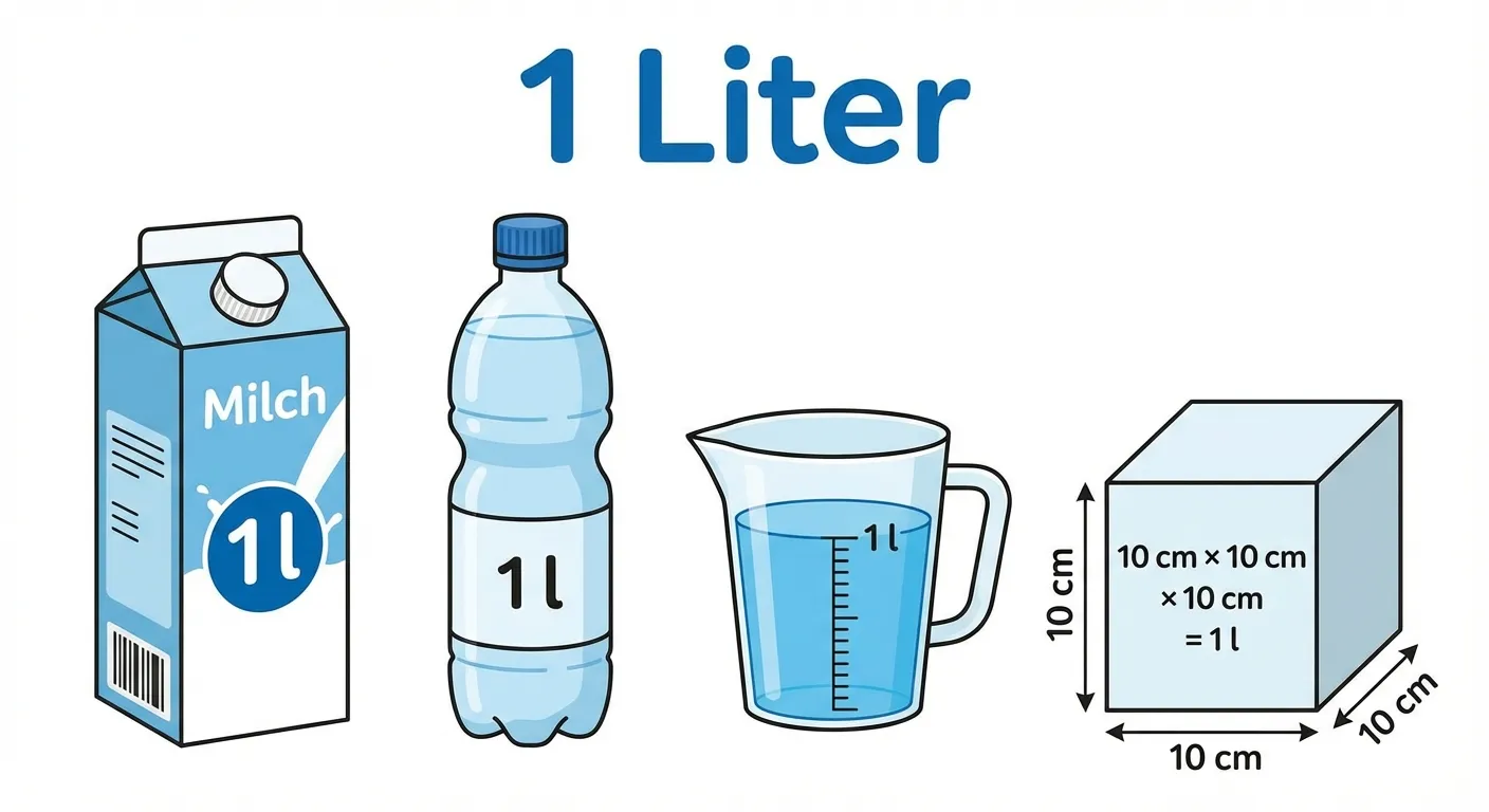 Erstelle ein übersichtliches Bild mit vier Alltagsgegenständen nebeneinander, die jeweils 1 Liter fassen.

**Aufbau von links nach rechts:**
1. Eine Milchpackung (Tetra Pak) mit der Aufschrift 