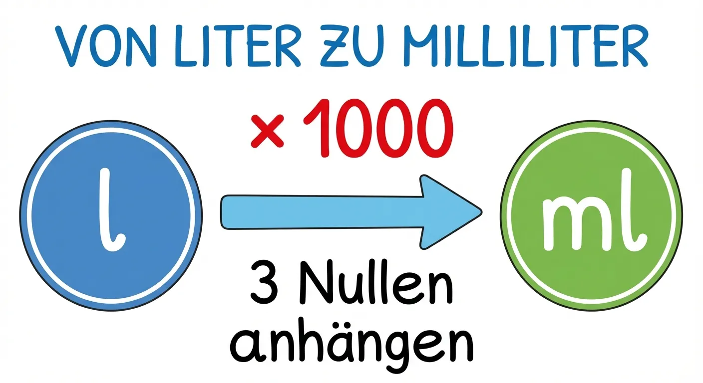 Erstelle ein übersichtliches Diagramm, das die Umrechnung von Liter zu Milliliter zeigt.

**Aufbau:**
- Oben: Überschrift 