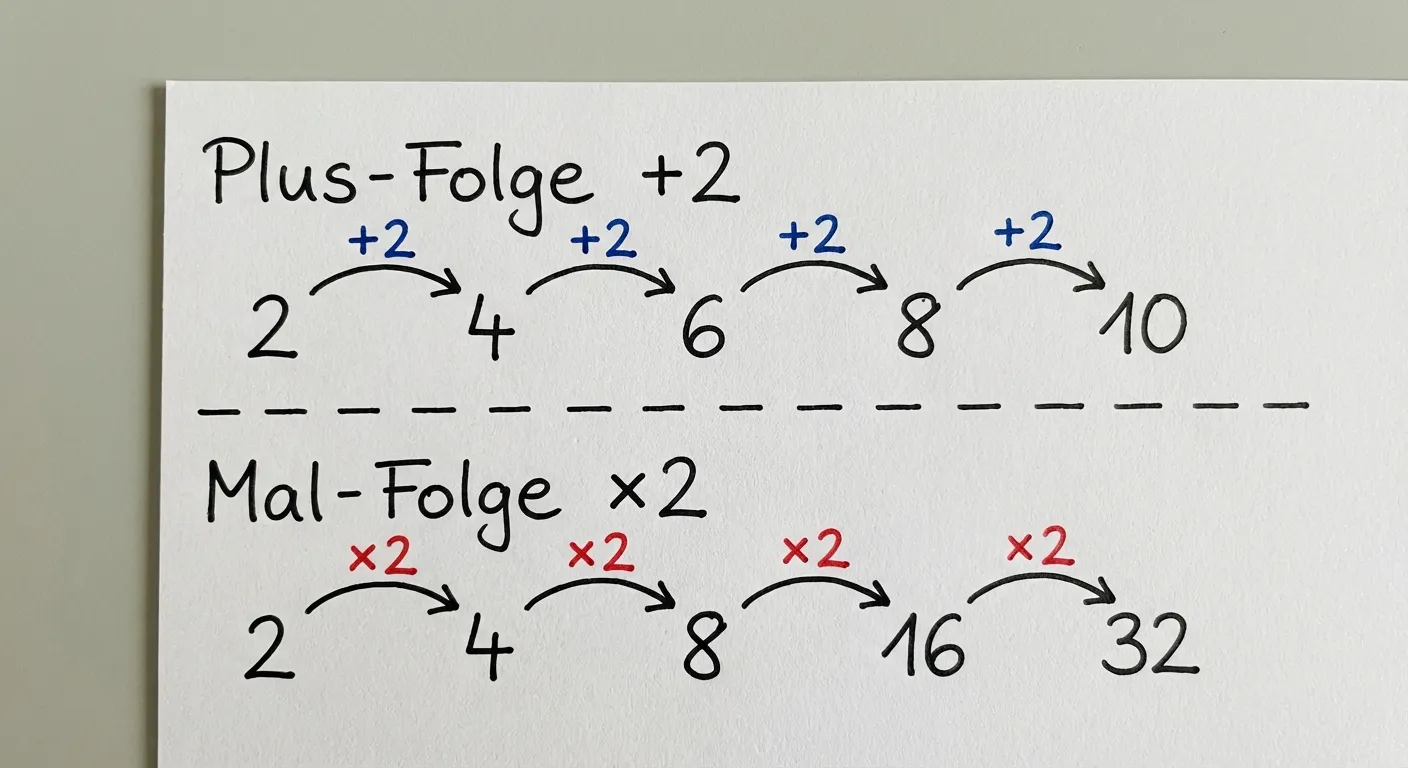 Erstelle ein fotorealistisches Bild einer handgezeichneten Darstellung auf weißem Papier. Das Bild ist eng auf die Zeichnung zugeschnitten - keine Papierränder, keine Tischoberfläche, keine Umgebung. Der Hintergrund ist ein einfaches, helles Grau. Die Handschrift ist gleichmäßig und ordentlich (wie von einem Erwachsenen geschrieben), mit schwarzer Tinte aus einem Kugelschreiber.

Das Bild zeigt zwei Zahlenreihen übereinander, klar voneinander getrennt durch eine gestrichelte Linie.

Obere Reihe (mit Überschrift 