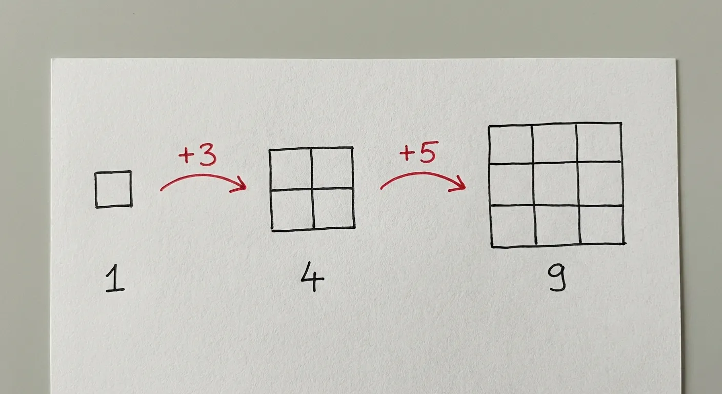 Erstelle ein fotorealistisches Bild einer handgezeichneten Darstellung auf weißem Papier. Das Bild ist eng auf die Zeichnung zugeschnitten - keine Papierränder, keine Tischoberfläche, keine Umgebung. Der Hintergrund ist ein einfaches, helles Grau. Die Handschrift ist gleichmäßig und ordentlich (wie von einem Erwachsenen geschrieben), mit schwarzer Tinte aus einem Kugelschreiber.

Das Bild zeigt drei Quadratmuster nebeneinander von links nach rechts:

Erstes Muster (links): Ein einzelnes kleines Quadrat (1×1), darunter steht 