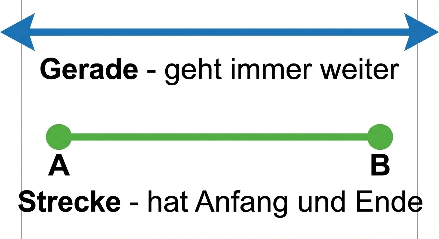 Erstelle ein übersichtliches Lernbild zum Unterschied zwischen Gerade und Strecke.

**Aufbau:**
- Oben: Eine horizontale Linie mit Pfeilen an beiden Enden, die über den Bildrand hinausgehen. Darunter steht: 