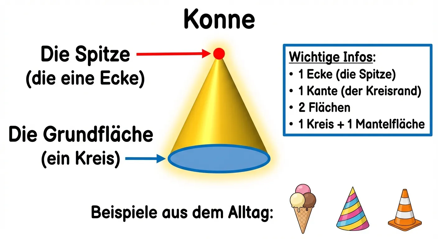 Erstelle ein Lernbild, das einen Kegel erklärt.

**Aufbau:**
- In der Mitte: Ein aufrecht stehender Kegel in 3D-Ansicht
- Die Spitze ist mit einem roten Punkt markiert und beschriftet
- Die kreisförmige Grundfläche ist hervorgehoben
- Rechts daneben eine Info-Box mit:
  - 