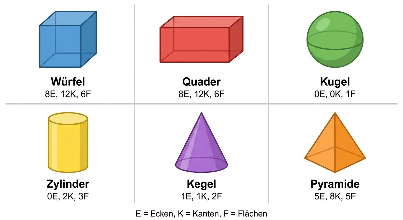 Erstelle eine übersichtliche Zusammenfassung aller sechs geometrischen Körper.

**Aufbau als 2×3 Raster:**
Zeile 1:
- Würfel: 8E, 12K, 6F
- Quader: 8E, 12K, 6F
- Kugel: 0E, 0K, 1F

Zeile 2:
- Zylinder: 0E, 2K, 3F
- Kegel: 1E, 1K, 2F
- Pyramide: 5E, 8K, 5F

**Gestaltung:**
- Jeder Körper in eigener Farbe als 3D-Darstellung
- Unter jedem Körper der Name und die Eigenschaften
- E = Ecken, K = Kanten, F = Flächen
- Klare Beschriftungen
- Weißer Hintergrund mit leichten Trennlinien zwischen den Bereichen
- Übersichtlicher, kindgerechter Stil für 3. Klasse