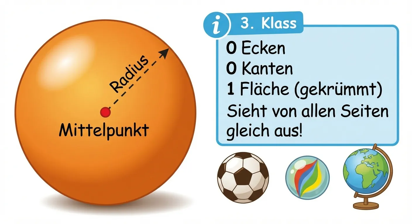 Erstelle ein Lernbild, das eine Kugel erklärt.

**Aufbau:**
- Links: Eine große, schattierte Kugel mit Glanzpunkt (3D-Effekt)
- Der Mittelpunkt ist markiert und beschriftet
- Eine Linie vom Mittelpunkt zum Rand zeigt den Radius
- Rechts daneben eine Info-Box mit:
  - 