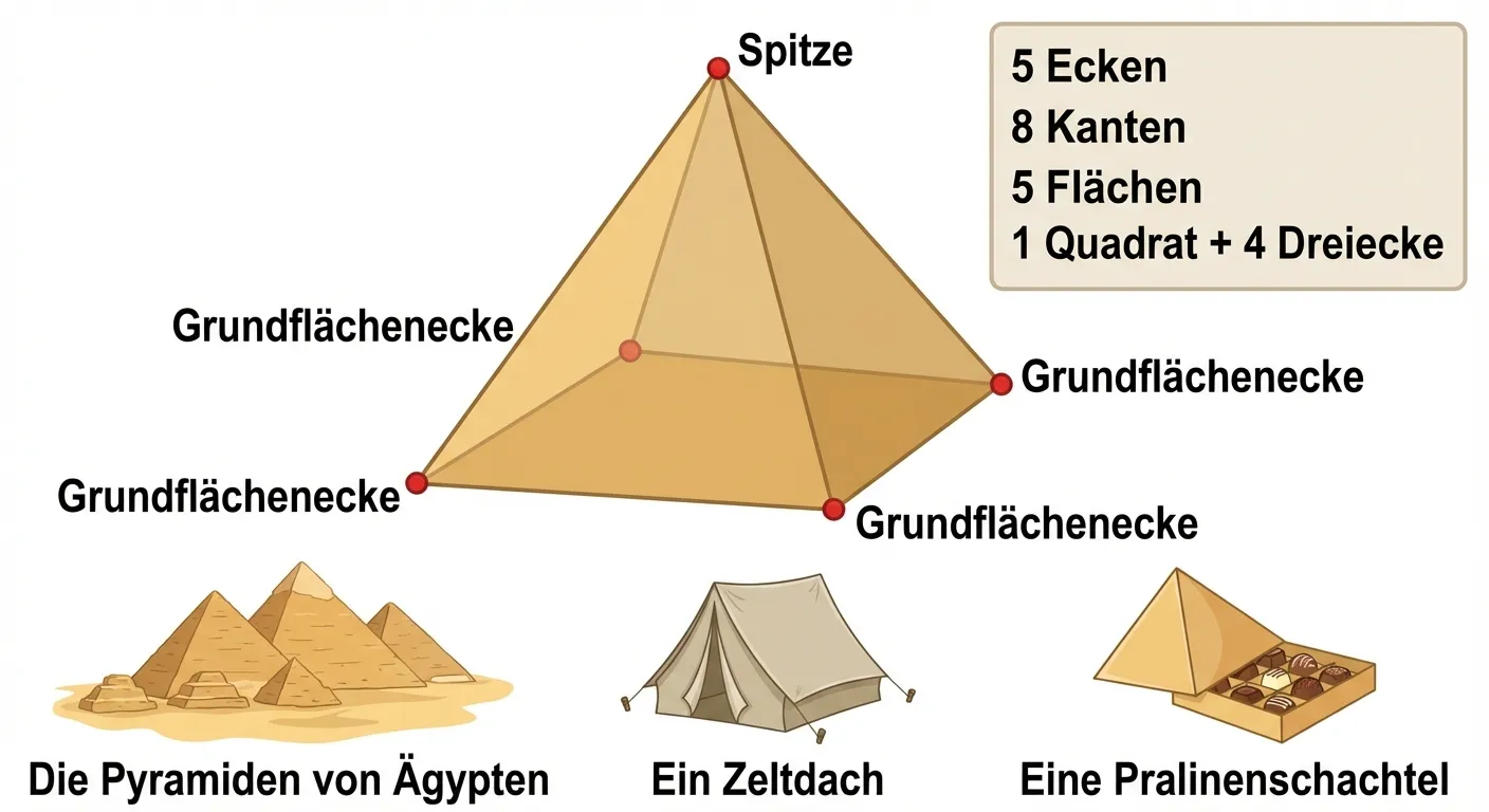 Erstelle ein Lernbild, das eine quadratische Pyramide erklärt.

**Aufbau:**
- In der Mitte: Eine Pyramide mit quadratischer Grundfläche in 3D-Ansicht
- Die Spitze und die 4 Grundflächenecken sind markiert
- Die dreieckigen Seitenflächen sind sichtbar
- Rechts daneben eine Info-Box mit:
  - 