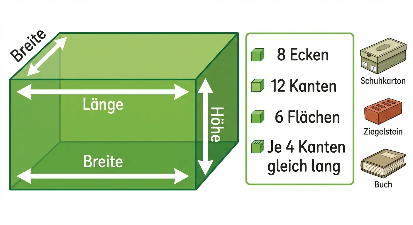 Erstelle ein Lernbild, das einen Quader mit seinen Eigenschaften zeigt.

**Aufbau:**
- In der Mitte: Ein länglicher Quader in 3D-Ansicht (wie eine Schachtel)
- Die unterschiedlichen Seitenlängen sind mit Doppelpfeilen markiert
- Rechts daneben eine Info-Box mit:
  - 