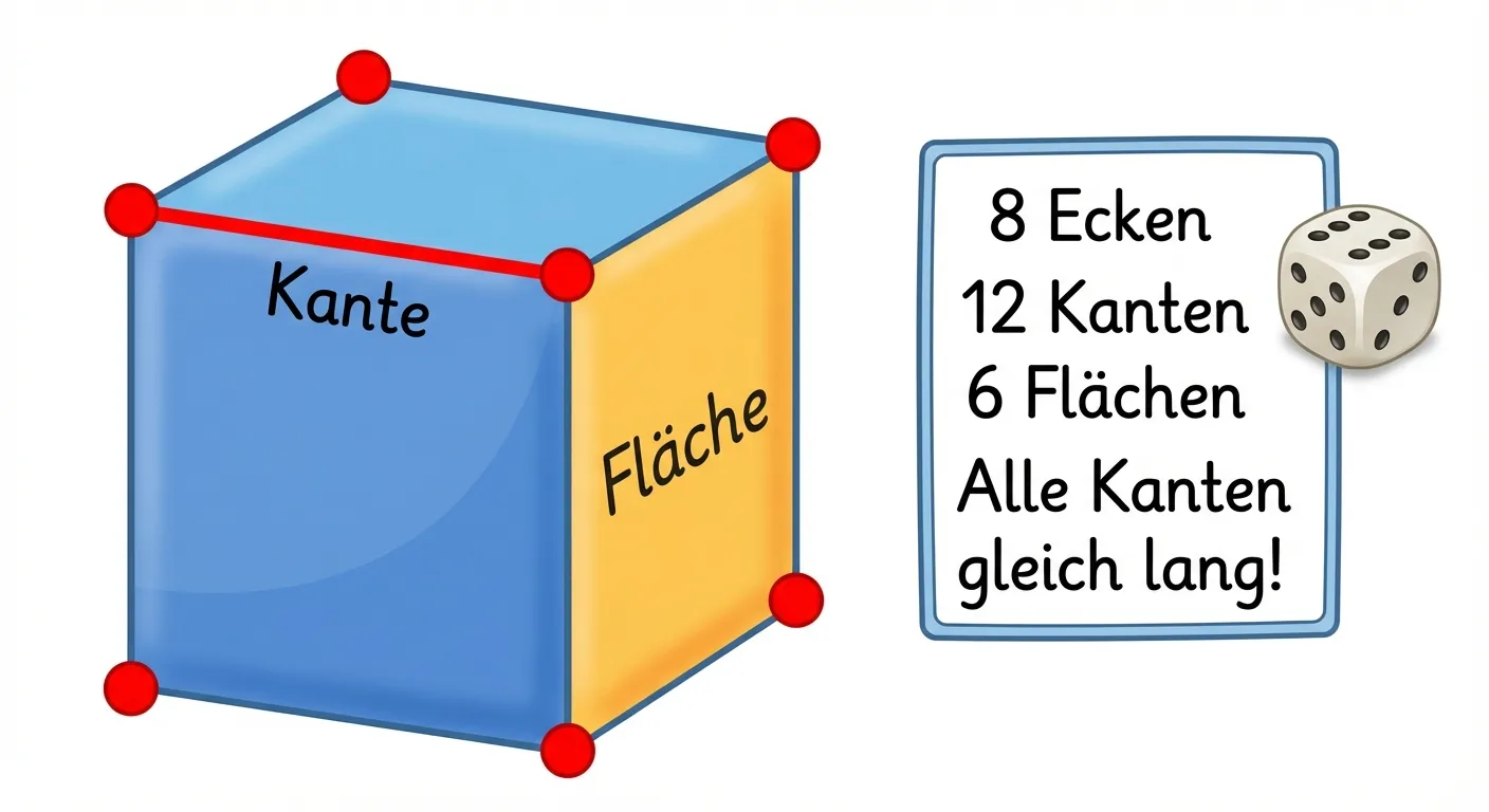 Erstelle ein Lernbild, das einen Würfel mit seinen Eigenschaften zeigt.

**Aufbau:**
- In der Mitte: Ein großer, farbiger Würfel in 3D-Ansicht
- Die Ecken sind mit kleinen roten Punkten markiert
- Eine Kante ist rot hervorgehoben und mit 