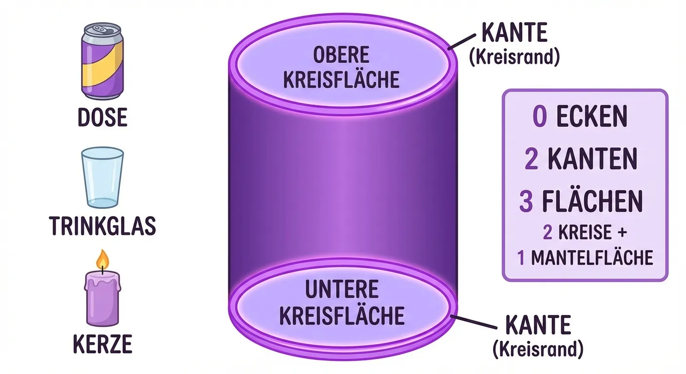 Erstelle ein Lernbild, das einen Zylinder erklärt.

**Aufbau:**
- In der Mitte: Ein aufrecht stehender Zylinder in 3D-Ansicht
- Die obere und untere Kreisfläche sind hervorgehoben
- Die zwei Kanten (Kreisränder) sind markiert
- Rechts daneben eine Info-Box mit:
  - 