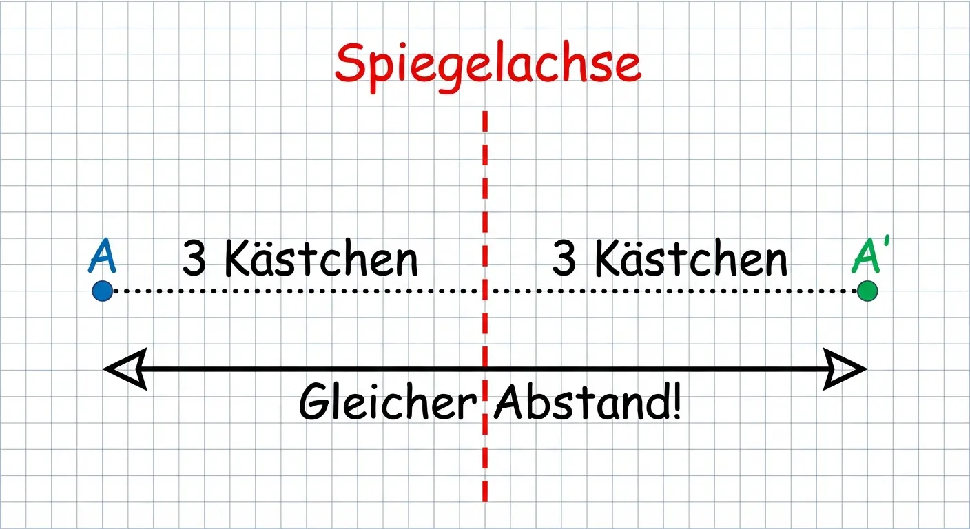 Erstelle ein Lernbild, das zeigt, wie ein einzelner Punkt gespiegelt wird.

**Aufbau:**
- Eine senkrechte Spiegelachse in der Mitte (rot, gestrichelt), beschriftet mit 