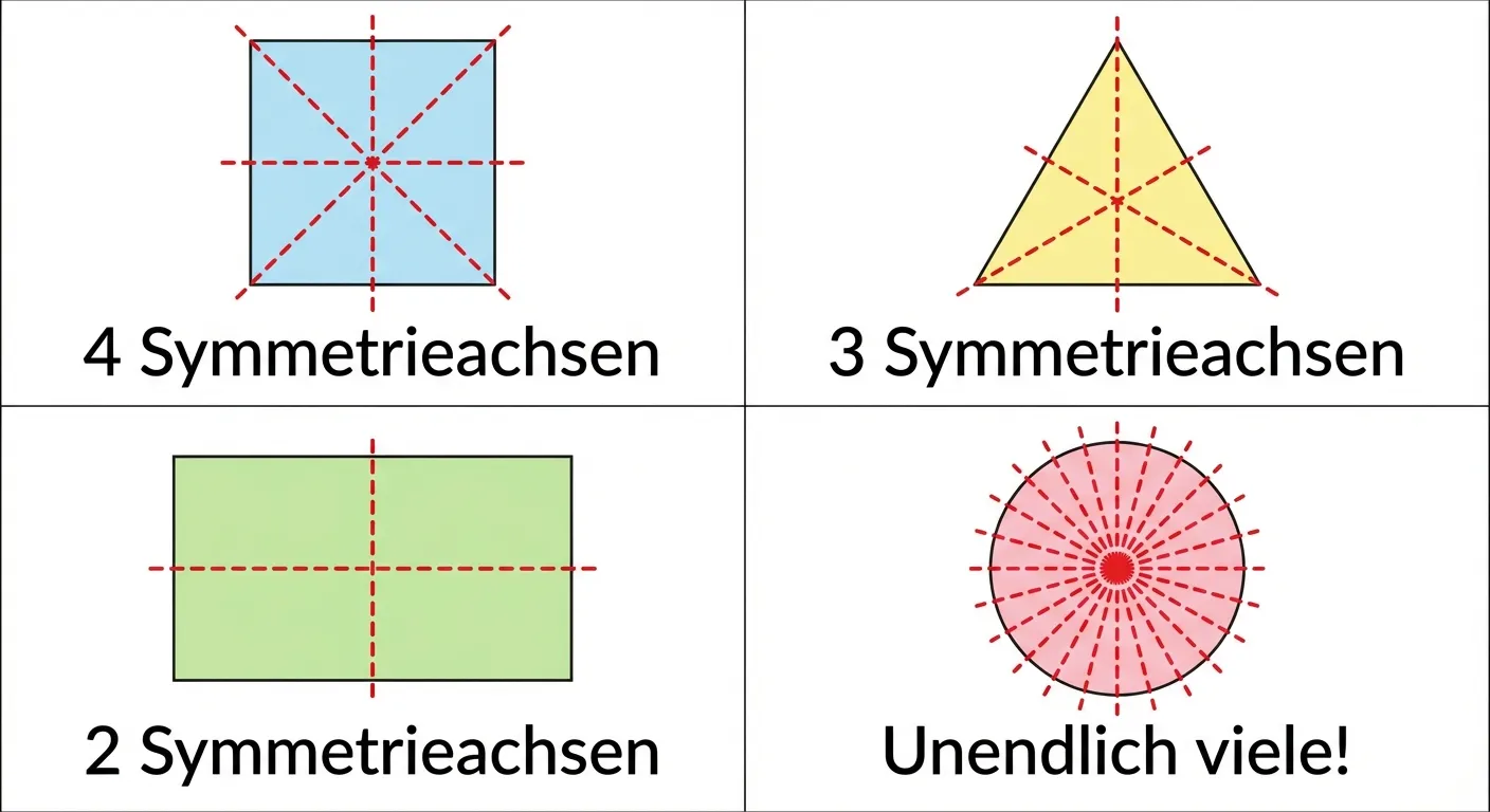 Erstelle ein Lernbild mit achsensymmetrischen Figuren.

**Aufbau mit 4 Beispielen:**
1. **Quadrat:** Mit zwei eingezeichneten Symmetrieachsen (senkrecht und waagerecht, plus die Diagonalen angedeutet). Beschriftung: 