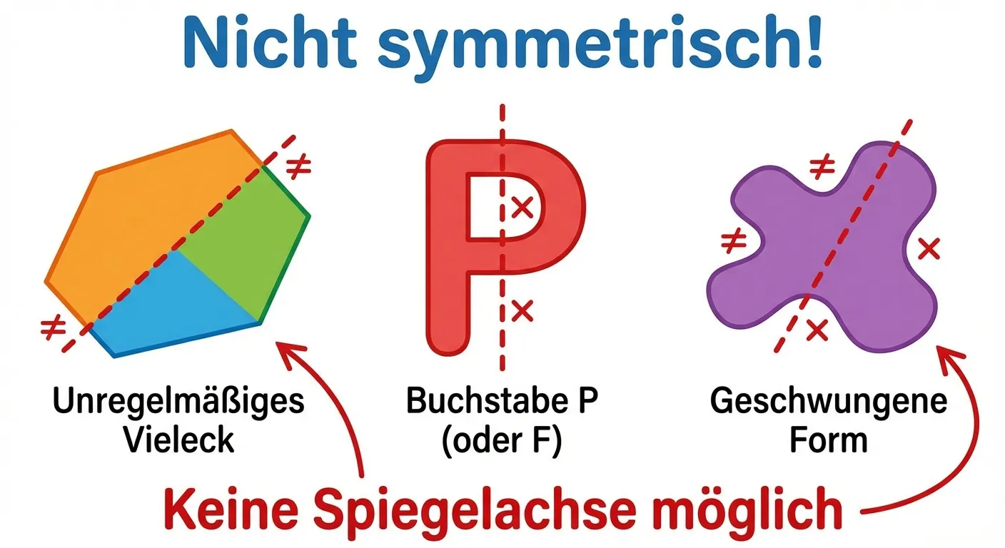 Erstelle ein Lernbild, das asymmetrische Figuren zeigt.

**Aufbau:**
- Oben: Überschrift 