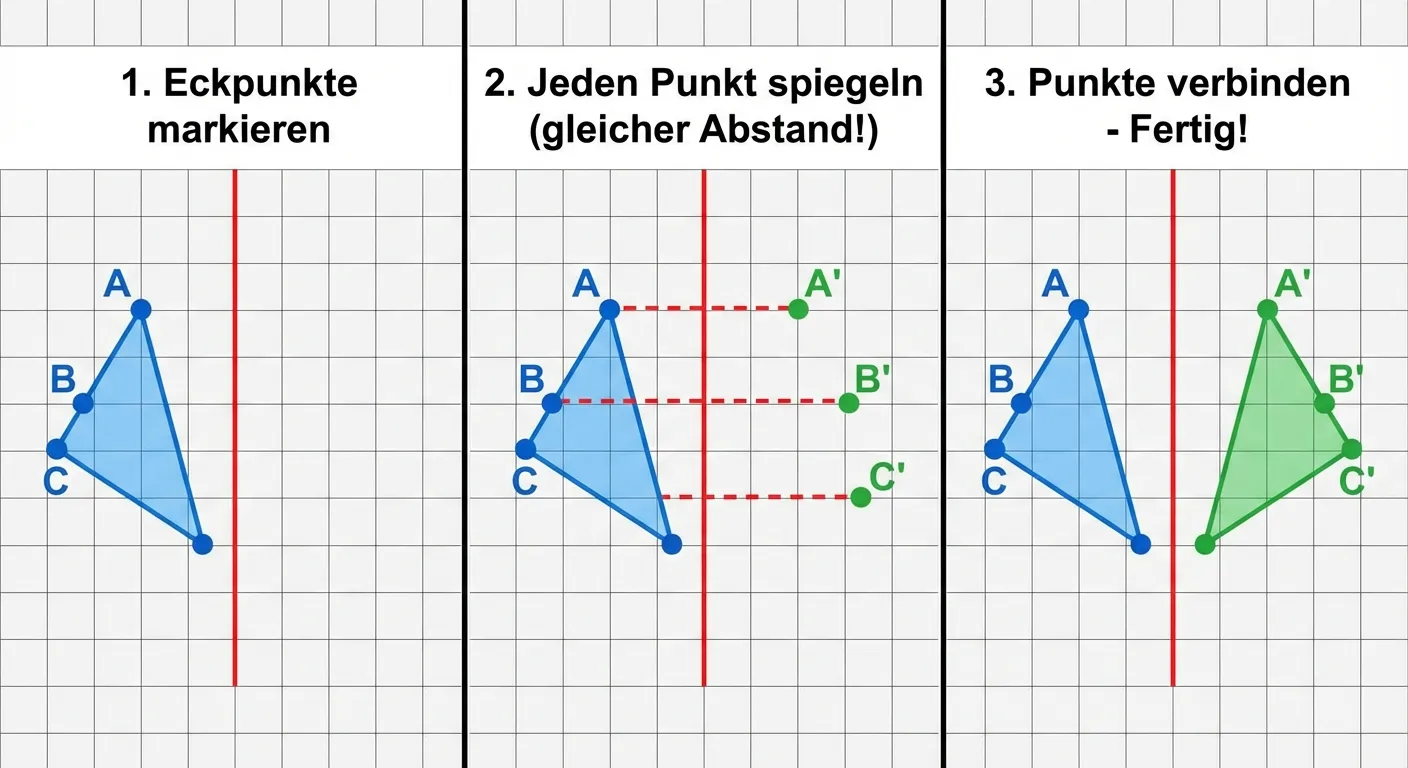Erstelle ein Lernbild, das zeigt, wie ein Dreieck an einer Achse gespiegelt wird.

**Aufbau als 3-Schritt-Anleitung:**

**Schritt 1 - 