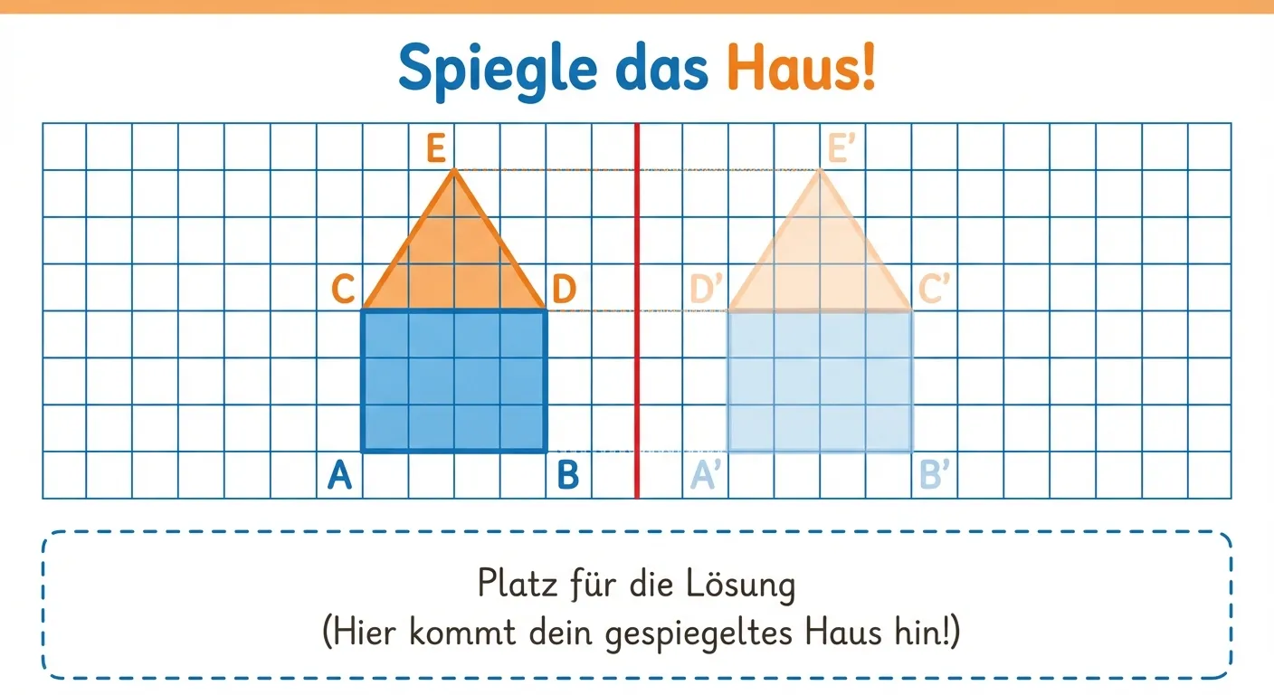Erstelle ein Übungsbild zur Achsenspiegelung.

**Aufbau:**
- Kariertes Gitter (8×8 Kästchen)
- Senkrechte rote Spiegelachse in der Mitte
- Links: Ein einfaches Haus (Quadrat mit Dreiecksdach), die Eckpunkte sind mit A, B, C, D, E beschriftet
- Rechts: Leerer Bereich für das Spiegelbild
- Oben: 