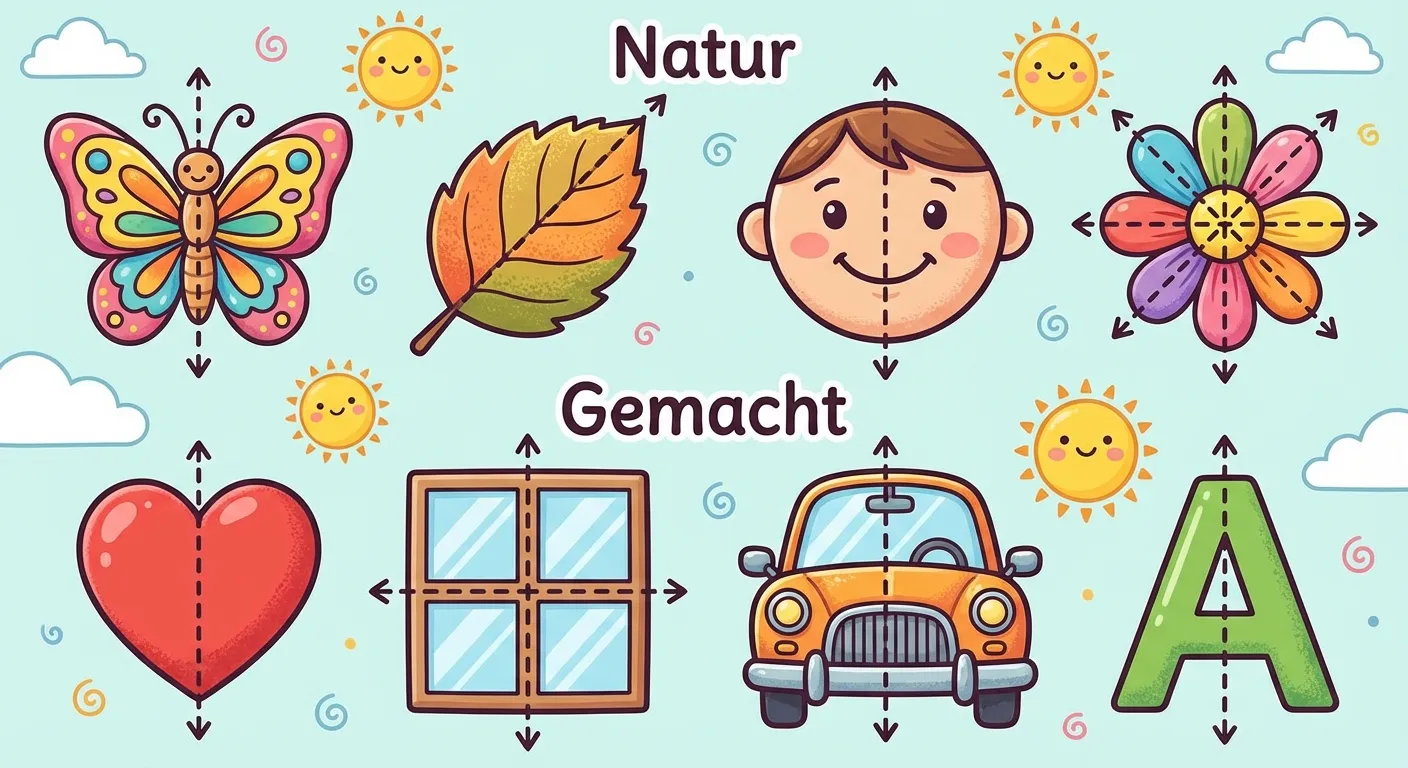 Erstelle ein buntes Lernbild mit symmetrischen Objekten aus dem Alltag.

**Aufbau in zwei Reihen:**
**Natur:**
- Ein Schmetterling (mit Symmetrieachse angedeutet)
- Ein Blatt (mit Mittelrippe als Achse)
- Ein Gesicht/Smiley (senkrechte Achse)
- Eine Blume (mehrere Achsen)

**Von Menschen gemacht:**
- Ein Herz (senkrechte Achse)
- Ein Fenster (zwei Achsen)
- Ein Auto von vorne (senkrechte Achse)
- Der Buchstabe A (senkrechte Achse)

**Gestaltung:**
- Bunte, kindgerechte Illustrationen
- Bei jedem Objekt ist die Symmetrieachse mit einer gestrichelten Linie angedeutet
- Beschriftung 