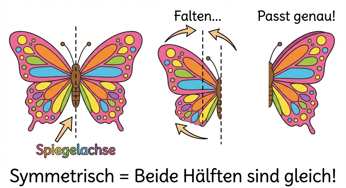 Erstelle ein Lernbild, das Symmetrie durch Falten erklärt.

**Aufbau in drei Schritten von links nach rechts:**
1. **Links:** Ein bunter Schmetterling, flach ausgebreitet, mit einer gestrichelten senkrechten Linie in der Mitte. Beschriftung: 