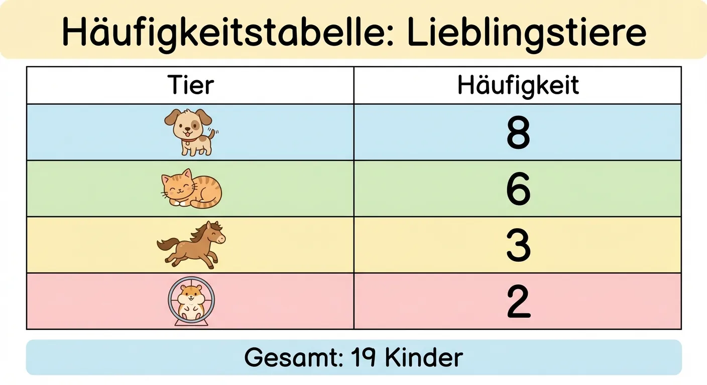 Erstelle ein Bild einer übersichtlichen, bunten Häufigkeitstabelle.

**Aufbau (einfache Tabelle mit 2 Spalten, 5 Zeilen):**

Kopfzeile: „Tier“ | „Häufigkeit“

Zeile 1: Kleines Hundesymbol (niedlich) | 8
Zeile 2: Kleines Katzensymbol (niedlich) | 6
Zeile 3: Kleines Pferdesymbol (niedlich) | 3
Zeile 4: Kleines Hamstersymbol (niedlich) | 2

**Gestaltung:**
- Saubere Tabellenlinien
- Jede Zeile hat eine andere helle Pastellfarbe als Hintergrund
- Große, klar lesbare Zahlen
- Überschrift: „Häufigkeitstabelle: Lieblingstiere“
- Stil: Kindgerecht, übersichtlich, farbenfrohe aber nicht grelle Farben
- Unten steht: „Gesamt: 19 Kinder“